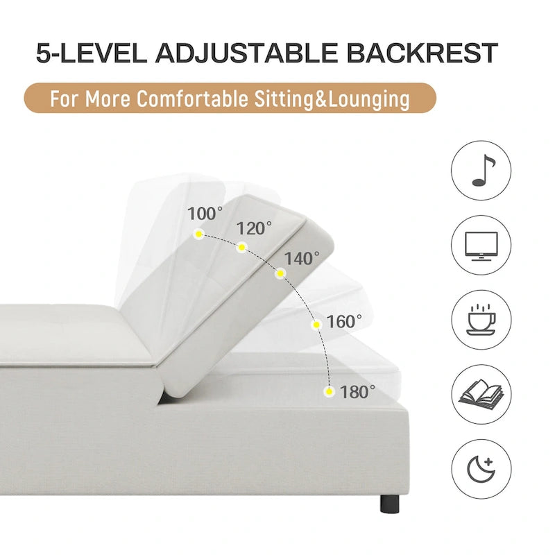 Canapé-lit convertible 4-en-1 en lin bleu foncé / blanc / sarcelle avec dossier réglable sur 5 niveaux et poche latérale USB, 3 places