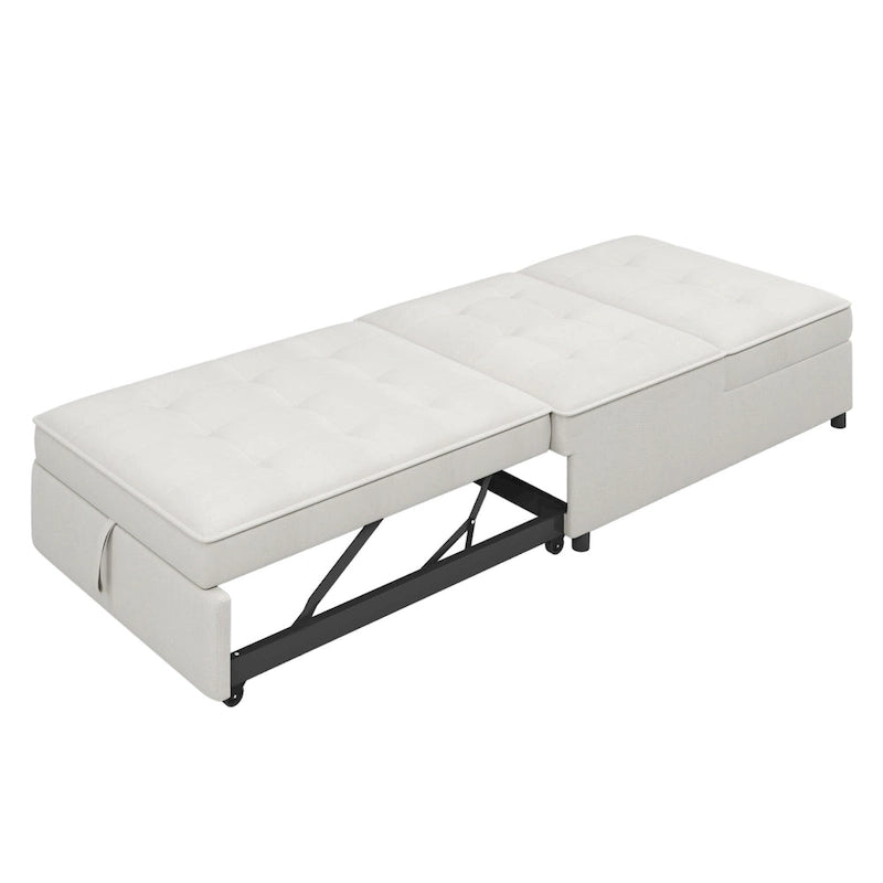 Canapé-lit convertible 4-en-1 en lin bleu foncé / blanc / sarcelle avec dossier réglable sur 5 niveaux et poche latérale USB, 3 places