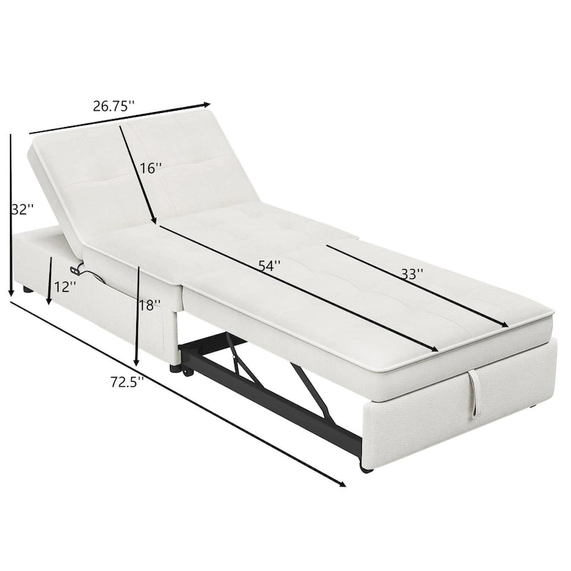Canapé-lit convertible 4-en-1 en lin bleu foncé / blanc / sarcelle avec dossier réglable sur 5 niveaux et poche latérale USB, 3 places