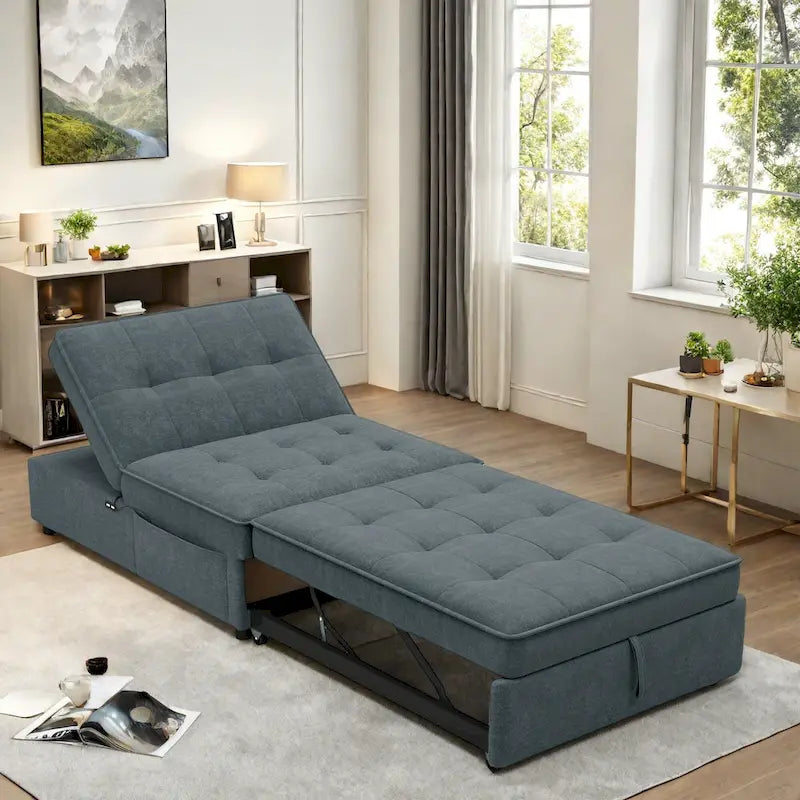 Canapé-lit convertible 4-en-1 en lin bleu foncé / blanc / sarcelle avec dossier réglable sur 5 niveaux et poche latérale USB, 3 places