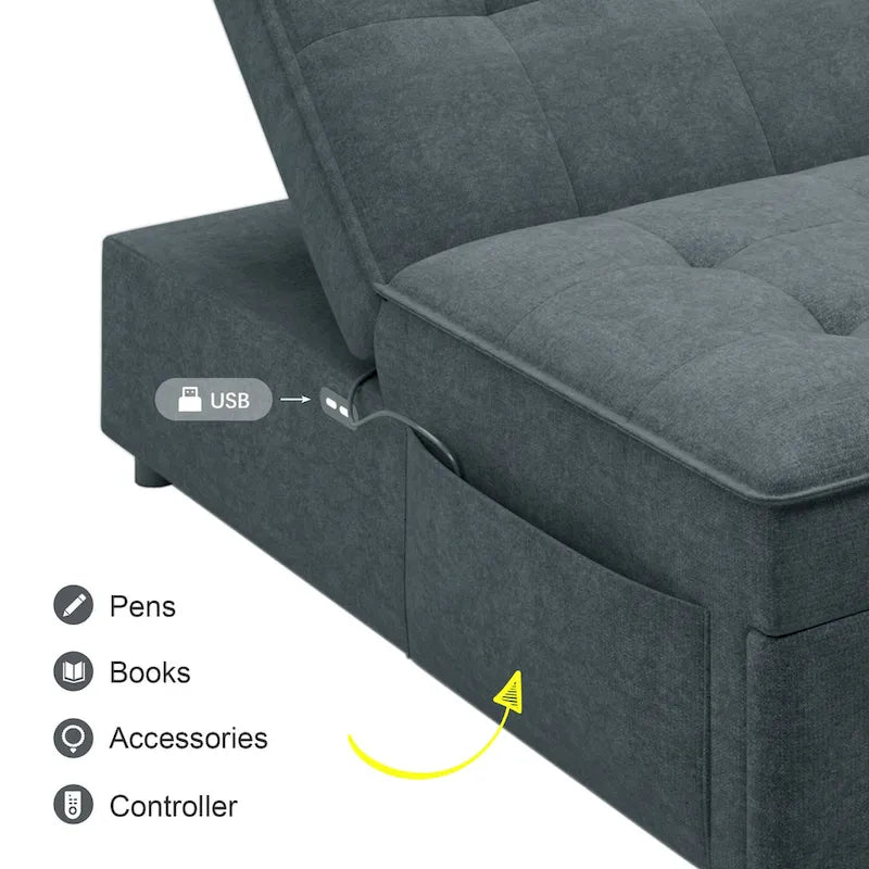 Canapé-lit convertible 4-en-1 en lin bleu foncé / blanc / sarcelle avec dossier réglable sur 5 niveaux et poche latérale USB, 3 places