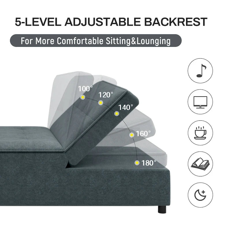 Canapé-lit convertible 4-en-1 en lin bleu foncé / blanc / sarcelle avec dossier réglable sur 5 niveaux et poche latérale USB, 3 places