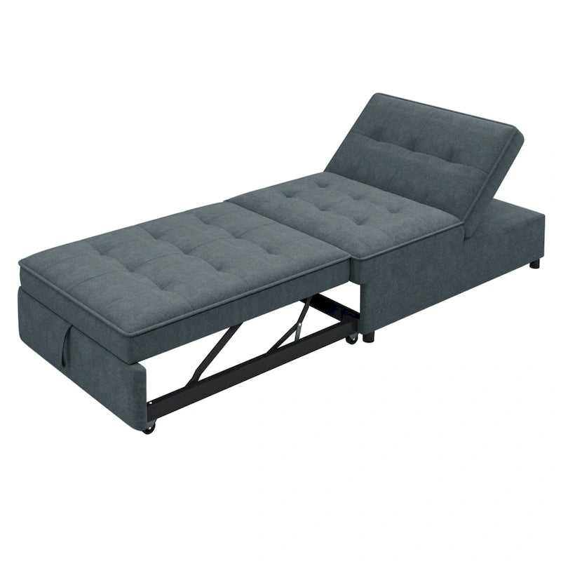 Canapé-lit convertible 4-en-1 en lin bleu foncé / blanc / sarcelle avec dossier réglable sur 5 niveaux et poche latérale USB, 3 places