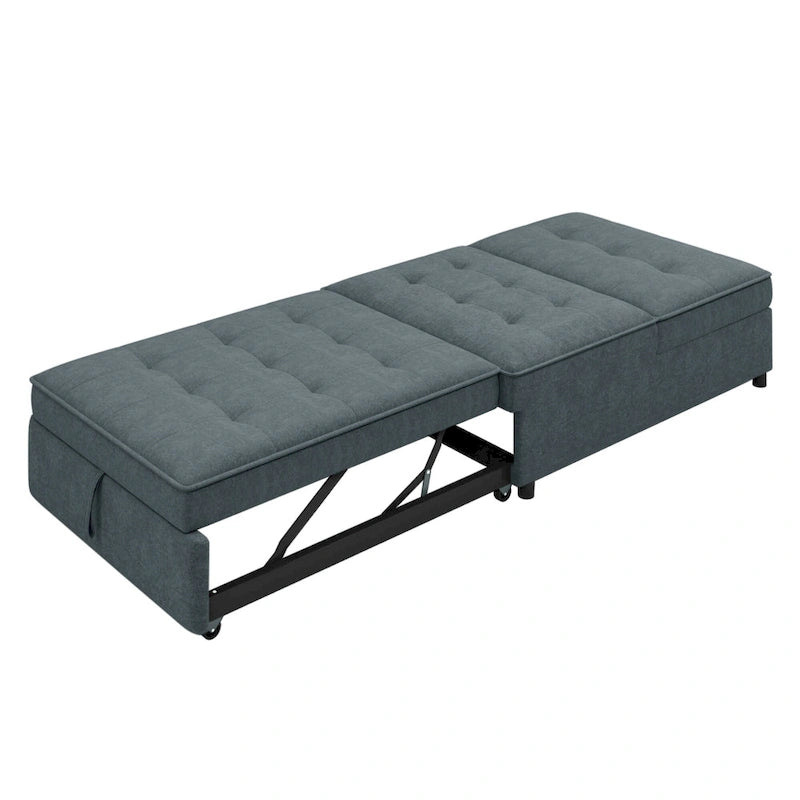 Canapé-lit convertible 4-en-1 en lin bleu foncé / blanc / sarcelle avec dossier réglable sur 5 niveaux et poche latérale USB, 3 places