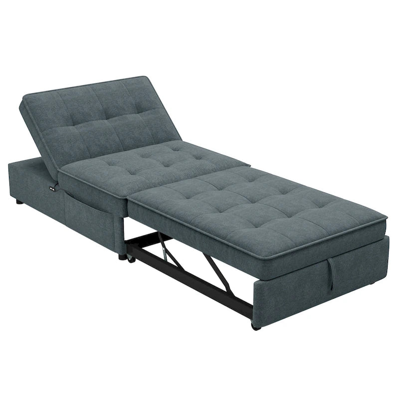 Canapé-lit convertible 4-en-1 en lin bleu foncé / blanc / sarcelle avec dossier réglable sur 5 niveaux et poche latérale USB, 3 places