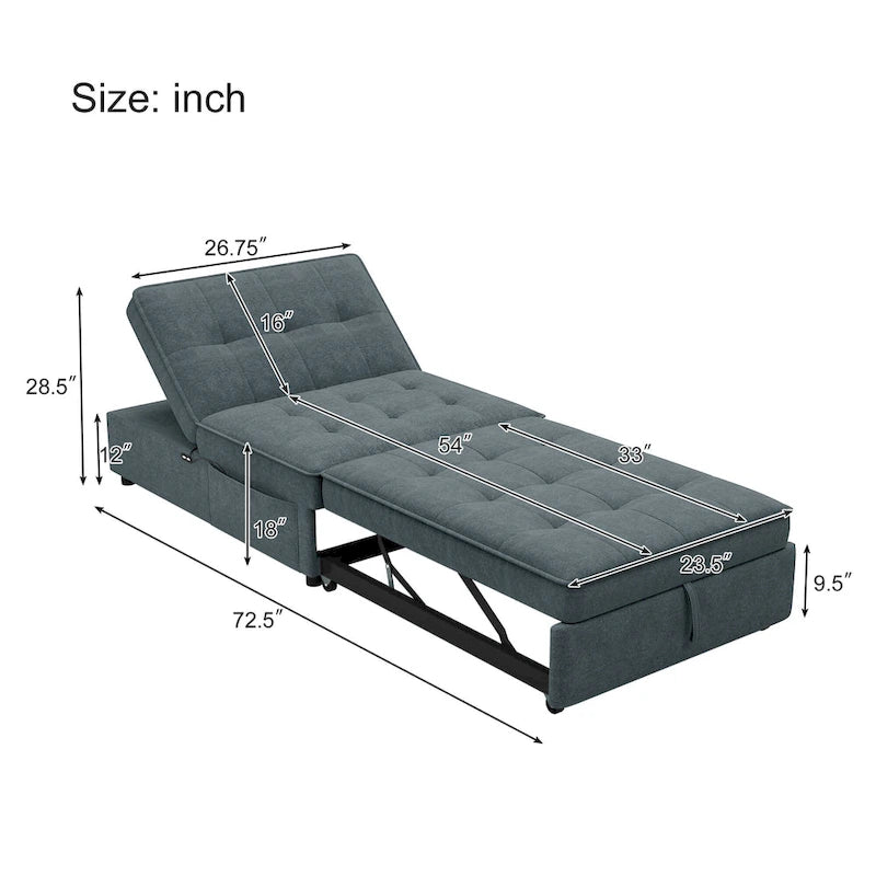 Canapé-lit convertible 4-en-1 en lin bleu foncé / blanc / sarcelle avec dossier réglable sur 5 niveaux et poche latérale USB, 3 places