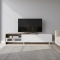 Meuble TV moderne blanc et noyer avec placard et 2 étagères flottantes, convient aux téléviseurs jusqu'à 80 pouces, 73 pouces, 1 personne