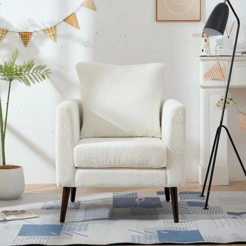 Fauteuil d'appoint en polaire tonneau beige / sarcelle / vert / blanc / vert olive avec pieds en bois, 1 personne