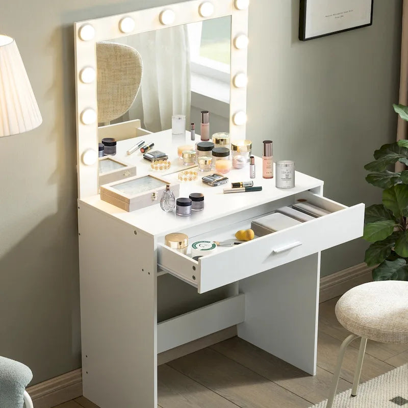 Table de maquillage rose/blanc/noir avec 11 ampoules LED et 3 modes d'éclairage, 1 personne
