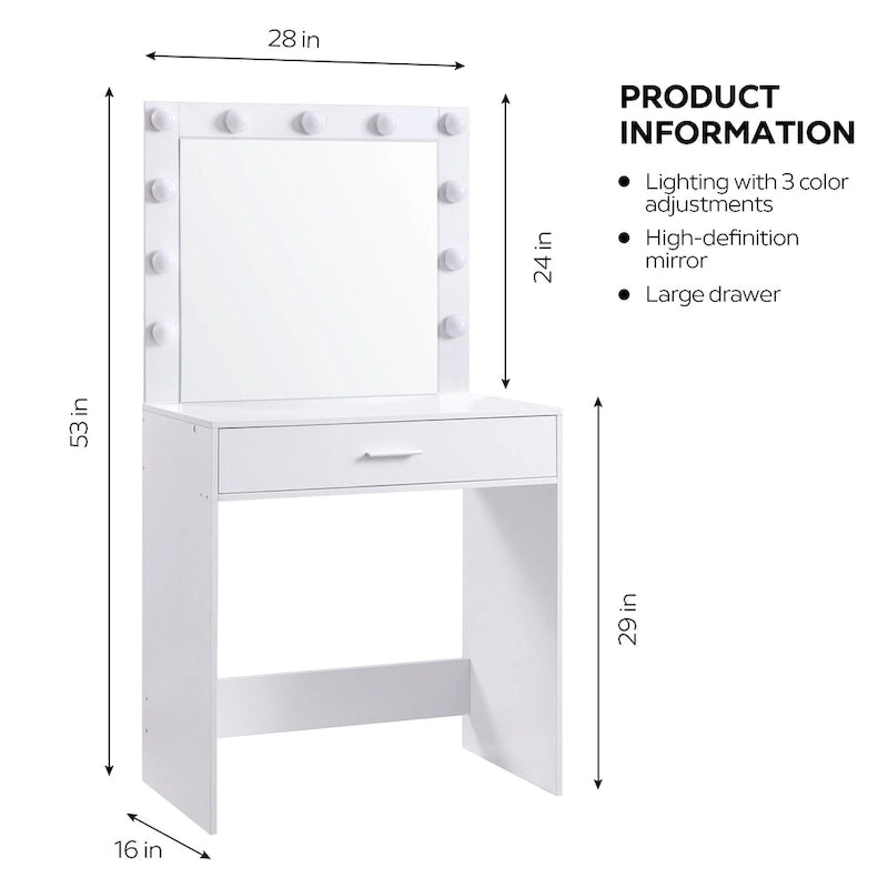 Table de maquillage rose/blanc/noir avec 11 ampoules LED et 3 modes d'éclairage, 1 personne