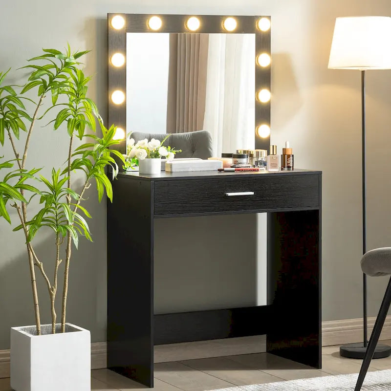 Table de maquillage rose/blanc/noir avec 11 ampoules LED et 3 modes d'éclairage, 1 personne