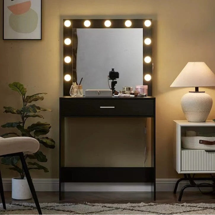 Table de maquillage rose/blanc/noir avec 11 ampoules LED et 3 modes d'éclairage, 1 personne