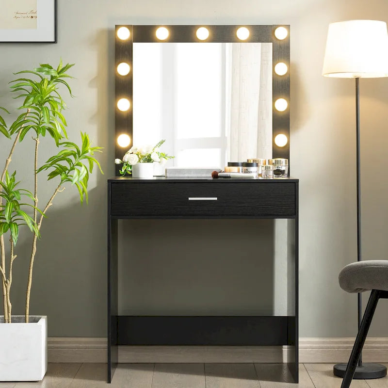 Table de maquillage rose/blanc/noir avec 11 ampoules LED et 3 modes d'éclairage, 1 personne