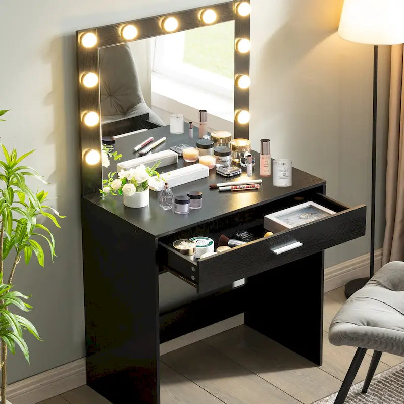 Table de maquillage rose/blanc/noir avec 11 ampoules LED et 3 modes d'éclairage, 1 personne