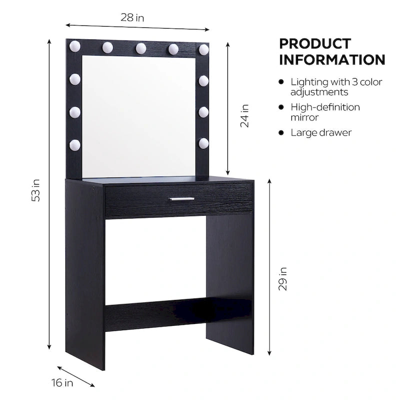 Table de maquillage rose/blanc/noir avec 11 ampoules LED et 3 modes d'éclairage, 1 personne