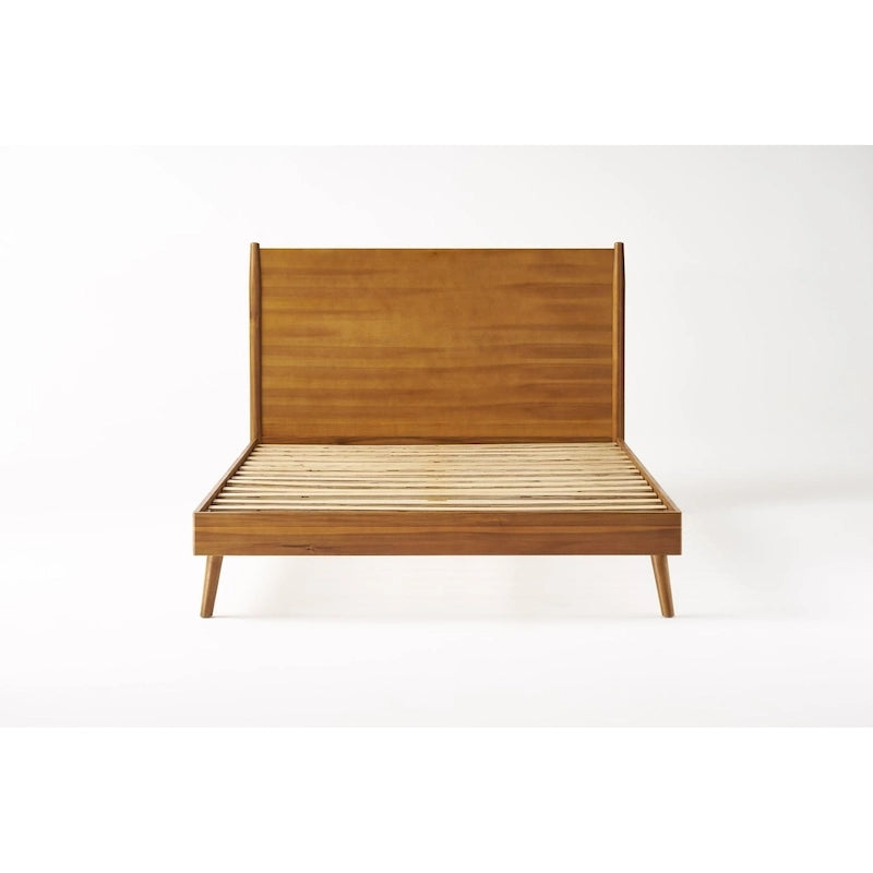 Lit plateforme en bois d'acacia massif naturel avec pieds évasés, style Mid-Century, King, 2 personnes
