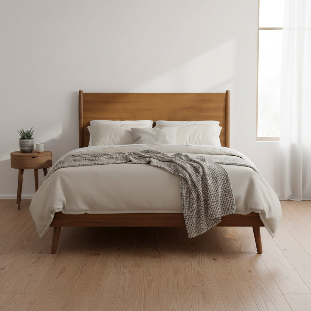 Natural King Size Modern Style Acacia Wood Platform Bed with Iconic Splayed Legs for Bedroom
