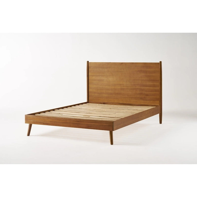 Lit plateforme en bois d'acacia massif naturel avec pieds évasés, style Mid-Century, King, 2 personnes