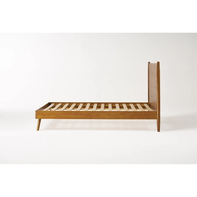 Lit plateforme en bois d'acacia massif naturel avec pieds évasés, style Mid-Century, King, 2 personnes