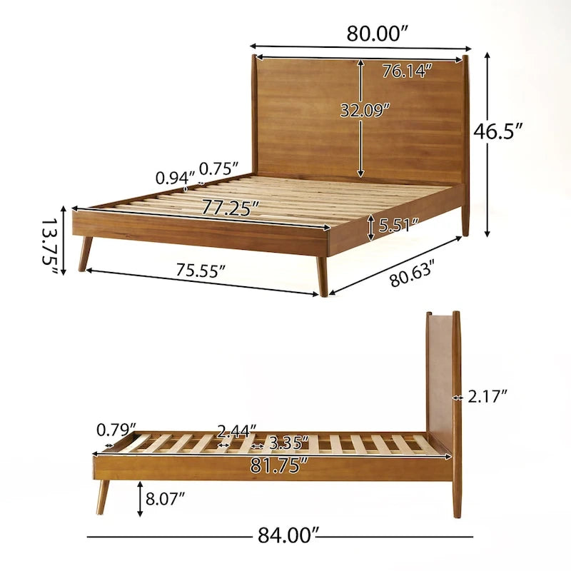 Lit plateforme en bois d'acacia massif naturel avec pieds évasés, style Mid-Century, King, 2 personnes
