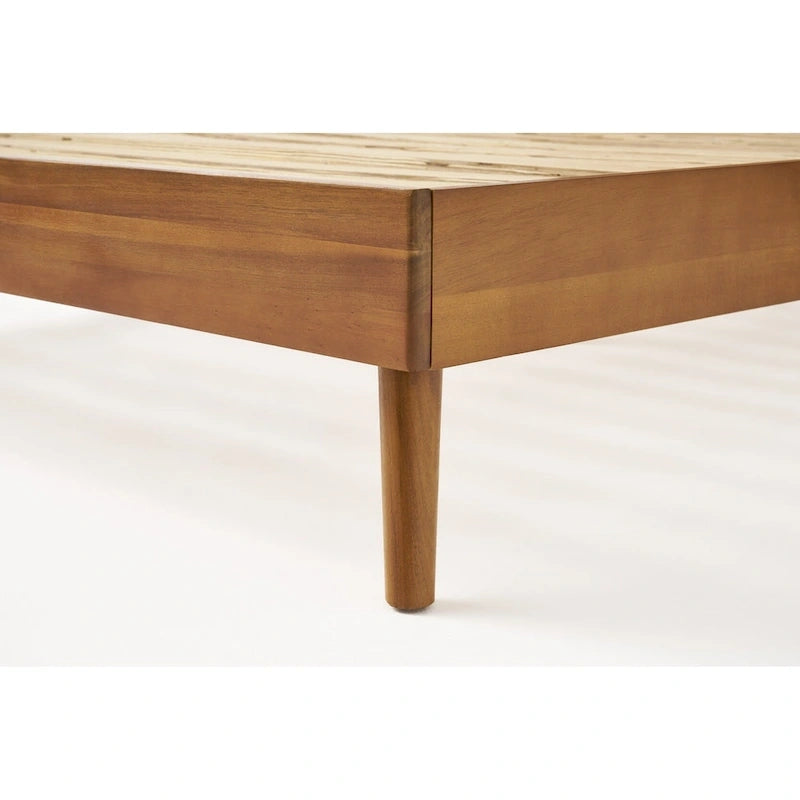 Lit plateforme en bois d'acacia massif naturel avec pieds évasés, style Mid-Century, King, 2 personnes