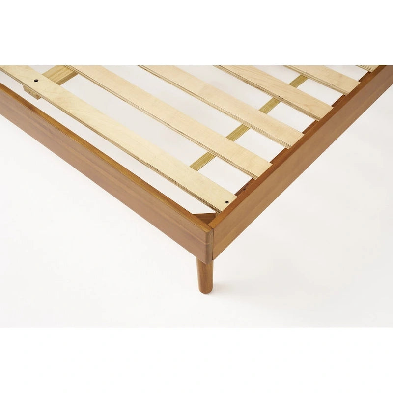 Lit plateforme en bois d'acacia massif naturel avec pieds évasés, style Mid-Century, King, 2 personnes
