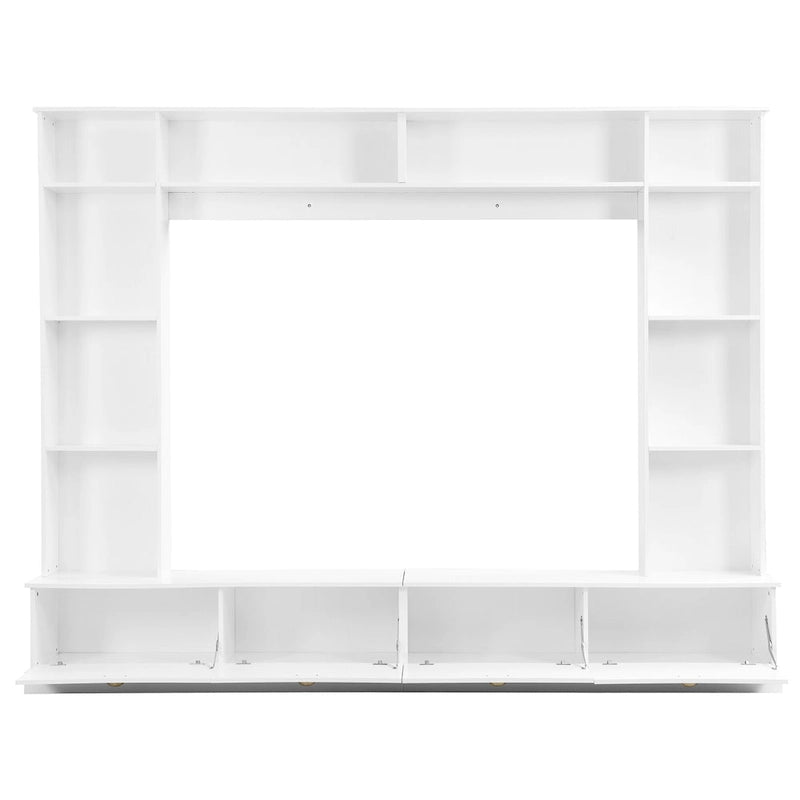 Grand meuble mural de divertissement blanc/noir avec bibliothèques, 4 armoires et poignées dorées, peut accueillir un téléviseur jusqu'à 78 pouces, assemblage par 2 personnes