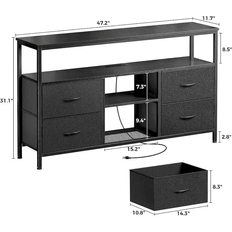 Meuble TV en polyuréthane noir avec lumières LED, 4 tiroirs en tissu et prises de courant, convient aux téléviseurs jusqu'à 65 pouces, 1 personne