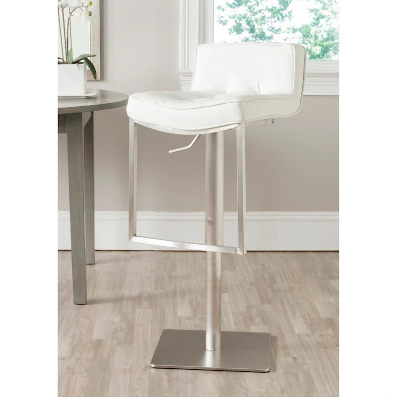 Tabouret de bar contemporain réglable et pivotant gris/blanc avec cuir PU matelassé et structure en acier inoxydable, 63-87 cm, 1 place
