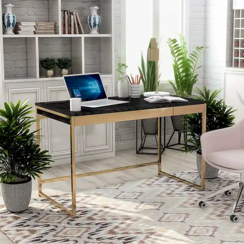 Bureau informatique glamour noir/blanc avec cadre en acier cuivré, 2 tiroirs et ports de charge intégrés, 122 cm, 1 personne