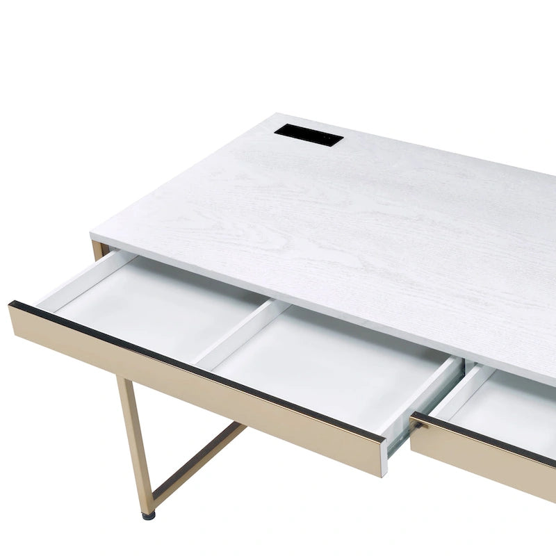 Bureau informatique glamour noir/blanc avec cadre en acier cuivré, 2 tiroirs et ports de charge intégrés, 122 cm, 1 personne