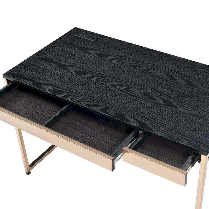 Bureau informatique glamour noir/blanc avec cadre en acier cuivré, 2 tiroirs et ports de charge intégrés, 122 cm, 1 personne