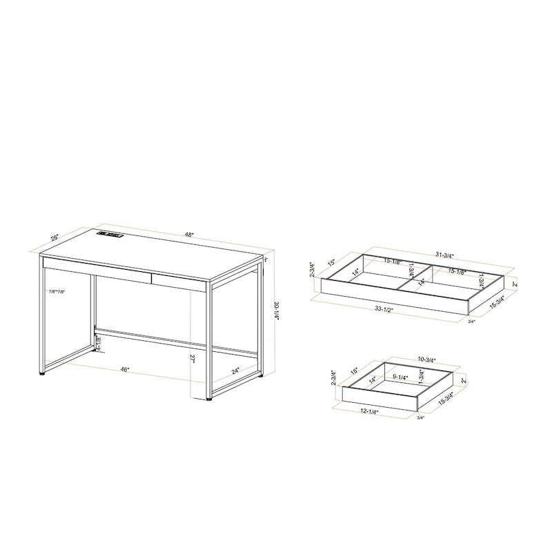 Bureau informatique glamour noir/blanc avec cadre en acier cuivré, 2 tiroirs et ports de charge intégrés, 122 cm, 1 personne