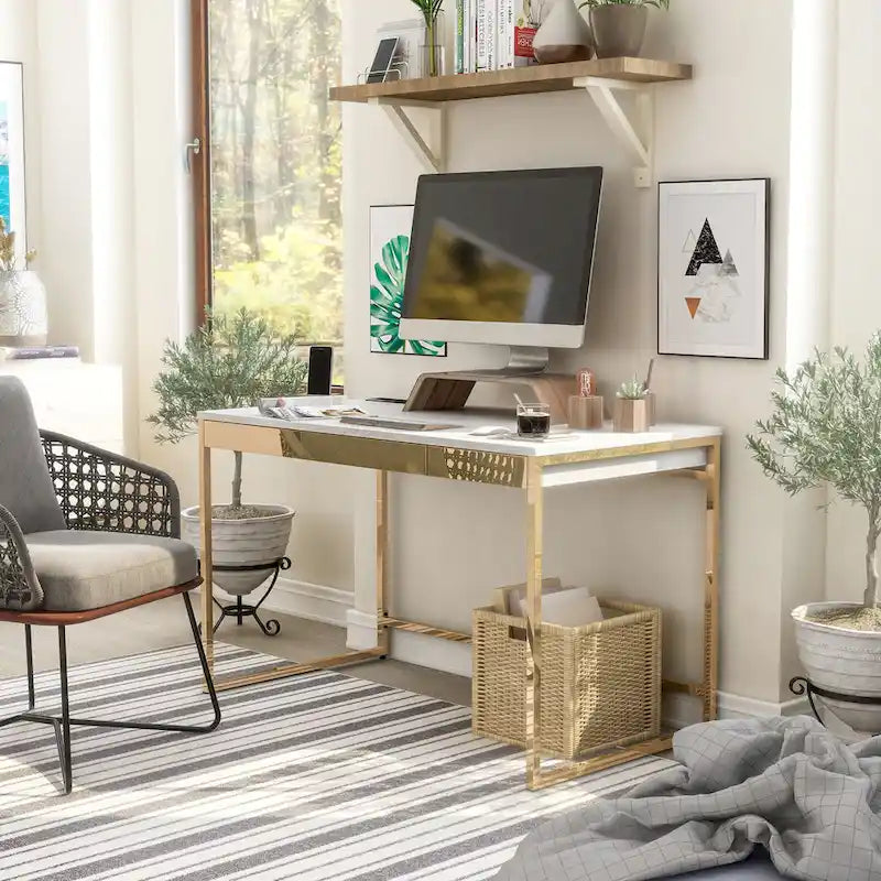 Bureau informatique glamour noir/blanc avec cadre en acier cuivré, 2 tiroirs et ports de charge intégrés, 122 cm, 1 personne