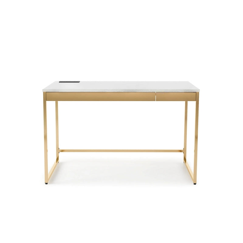 Bureau informatique glamour noir/blanc avec cadre en acier cuivré, 2 tiroirs et ports de charge intégrés, 122 cm, 1 personne
