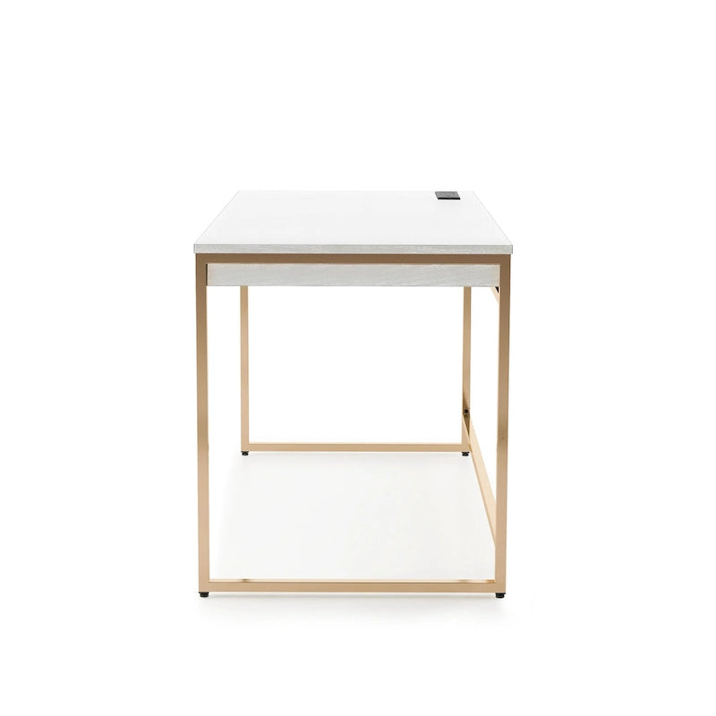 Bureau informatique glamour noir/blanc avec cadre en acier cuivré, 2 tiroirs et ports de charge intégrés, 122 cm, 1 personne
