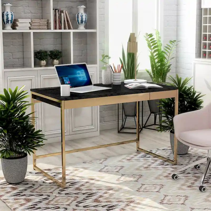 Bureau informatique glamour noir/blanc avec cadre en acier cuivré, 2 tiroirs et ports de charge intégrés, 122 cm, 1 personne