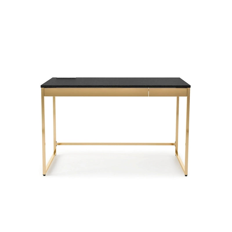 Bureau informatique glamour noir/blanc avec cadre en acier cuivré, 2 tiroirs et ports de charge intégrés, 122 cm, 1 personne
