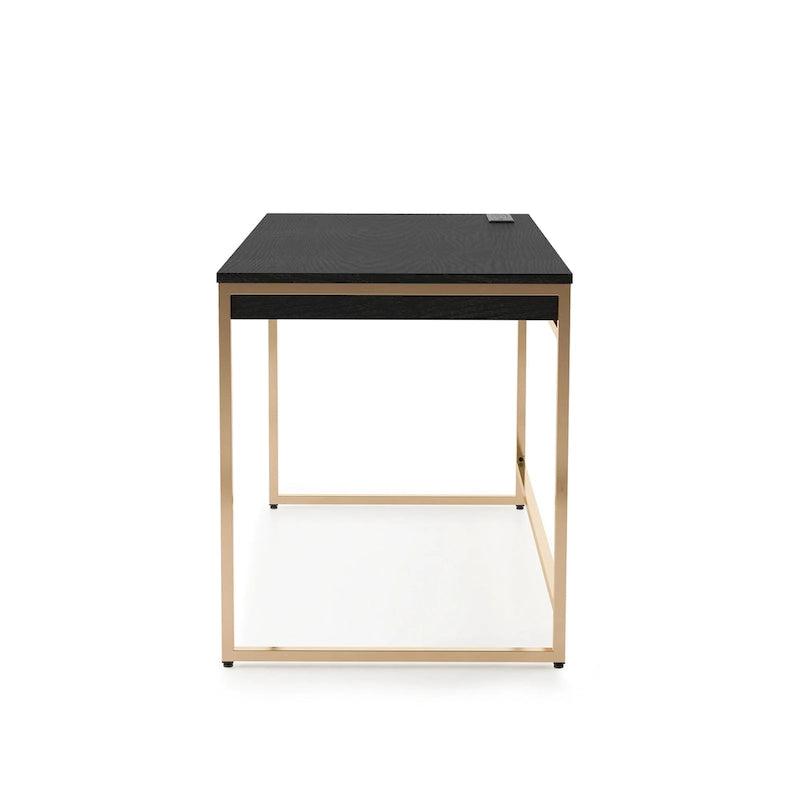 Bureau informatique glamour noir/blanc avec cadre en acier cuivré, 2 tiroirs et ports de charge intégrés, 122 cm, 1 personne