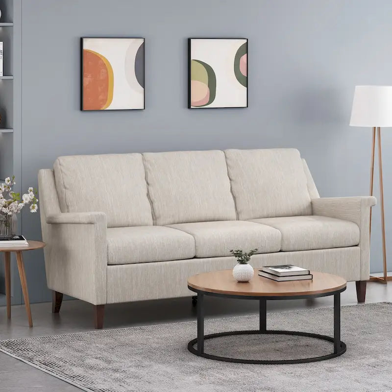 Canapé moderne 3 places en tissu beige / anthracite / rose poudré avec pieds coniques en bois, 3 personnes