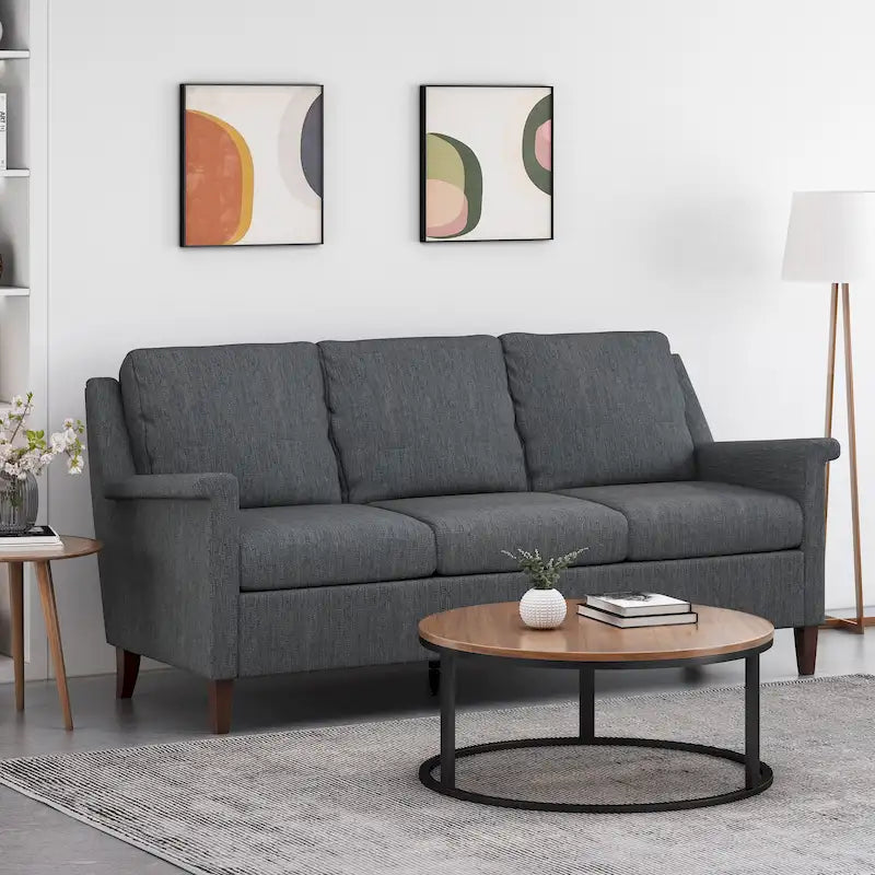 Canapé moderne 3 places en tissu beige / anthracite / rose poudré avec pieds coniques en bois, 3 personnes