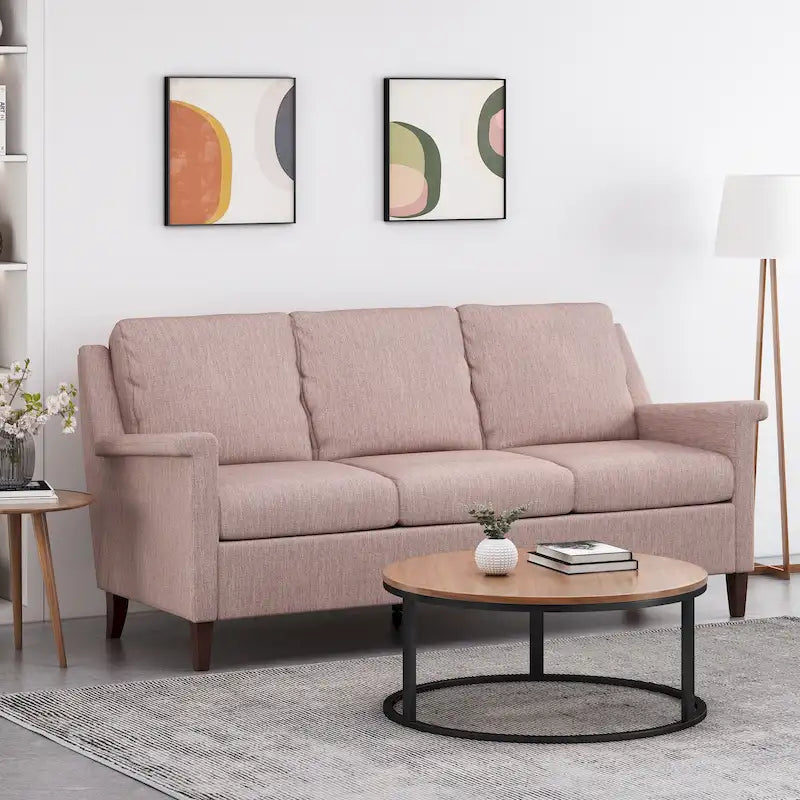 Canapé moderne 3 places en tissu beige / anthracite / rose poudré avec pieds coniques en bois, 3 personnes