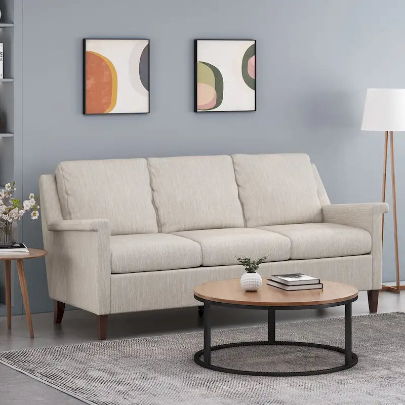 Canapé moderne 3 places en tissu beige / anthracite / rose poudré avec pieds coniques en bois, 3 personnes