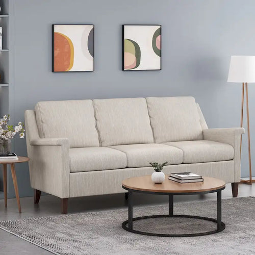Canapé moderne 3 places en tissu beige / anthracite / rose poudré avec pieds coniques en bois, 3 personnes