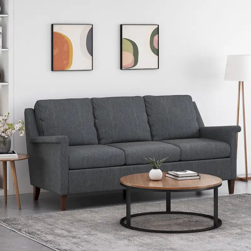 Canapé moderne 3 places en tissu beige / anthracite / rose poudré avec pieds coniques en bois, 3 personnes