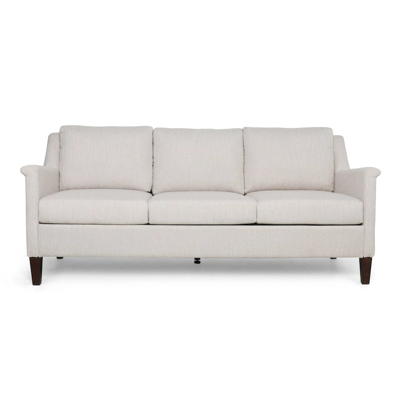 Canapé moderne 3 places en tissu beige / anthracite / rose poudré avec pieds coniques en bois, 3 personnes