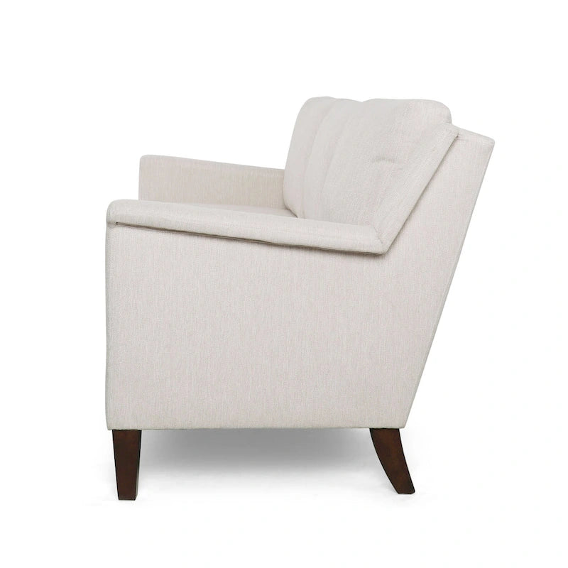 Canapé moderne 3 places en tissu beige / anthracite / rose poudré avec pieds coniques en bois, 3 personnes