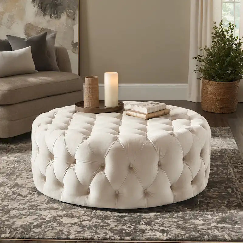 Pouffe rond capitonné en velours et lin gris / gris foncé / beige avec 5 roulettes, 1 place