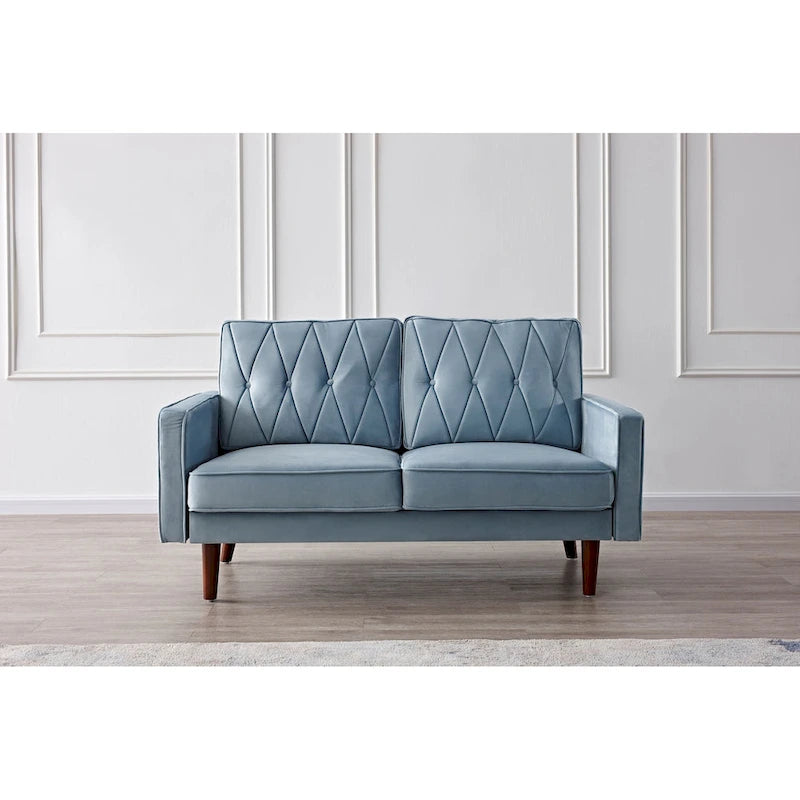 Causeuse capitonnée en velours mi-siècle rose / grise / bleu foncé / bleu-vert / ivoire / aubergine / noire / vert-jaune / cyan grisâtre clair / vert avec traversins, 2 places
