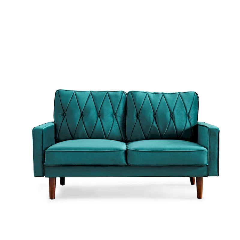 Causeuse capitonnée en velours mi-siècle rose / grise / bleu foncé / bleu-vert / ivoire / aubergine / noire / vert-jaune / cyan grisâtre clair / vert avec traversins, 2 places